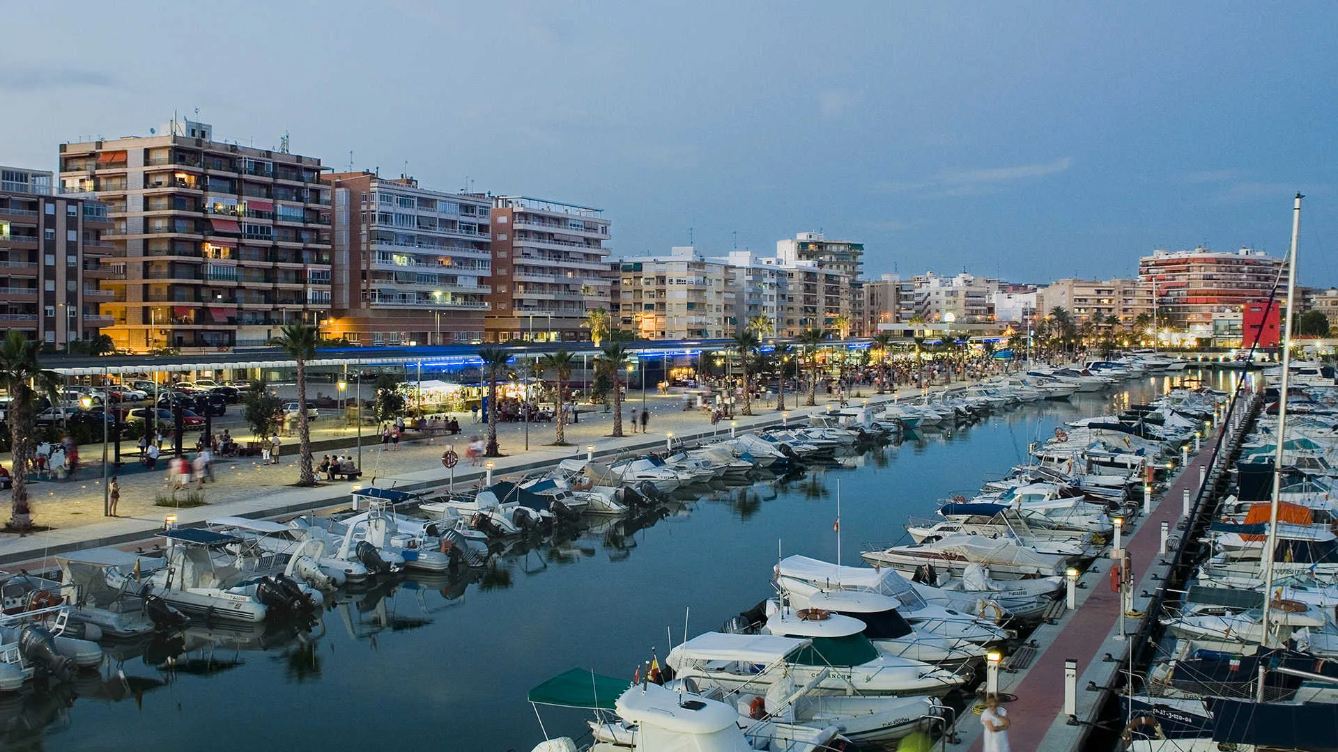 Santa Pola marina and Club Náutico at dusk, Costa Blanca